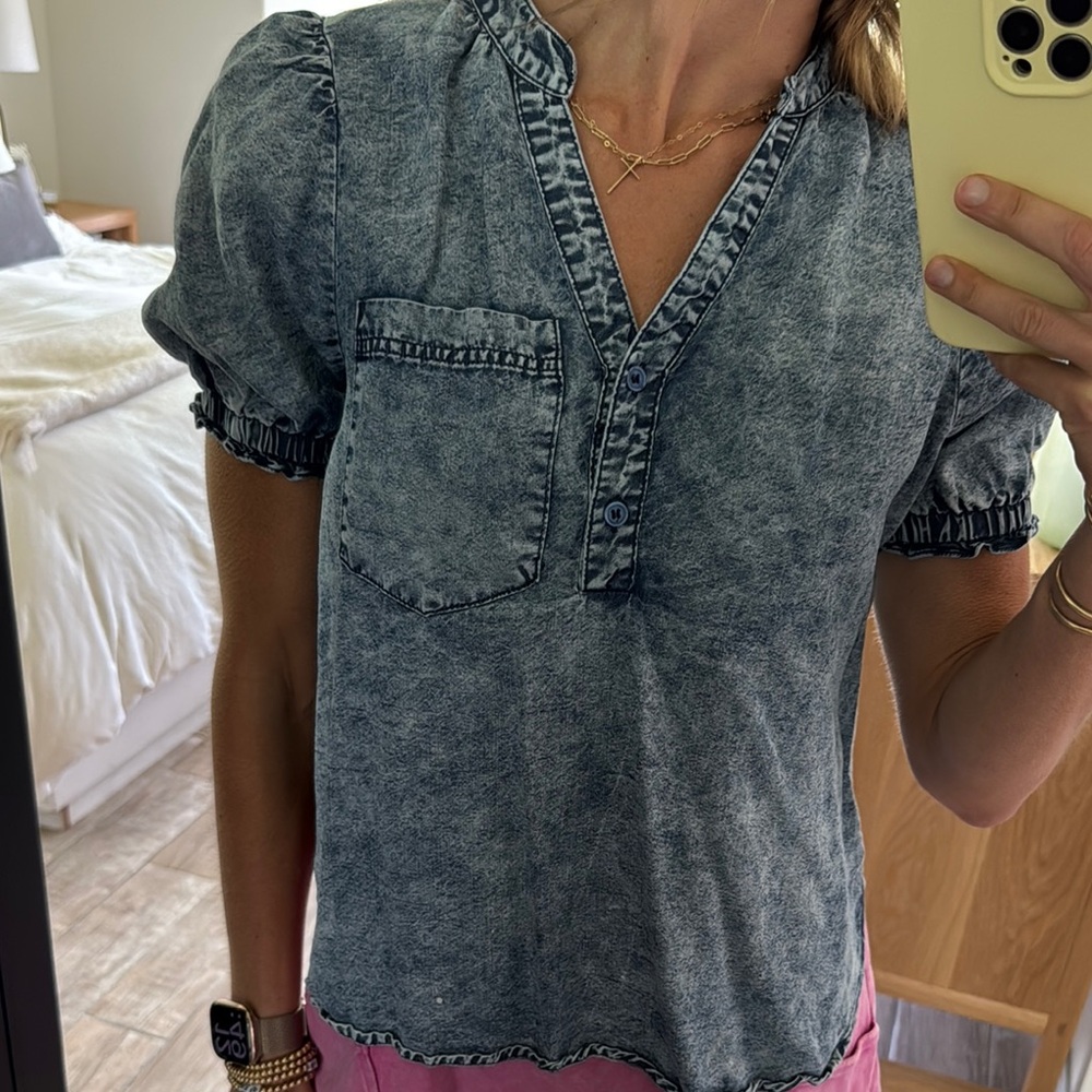 Blue Ruffled Puff Sleeve Blouse